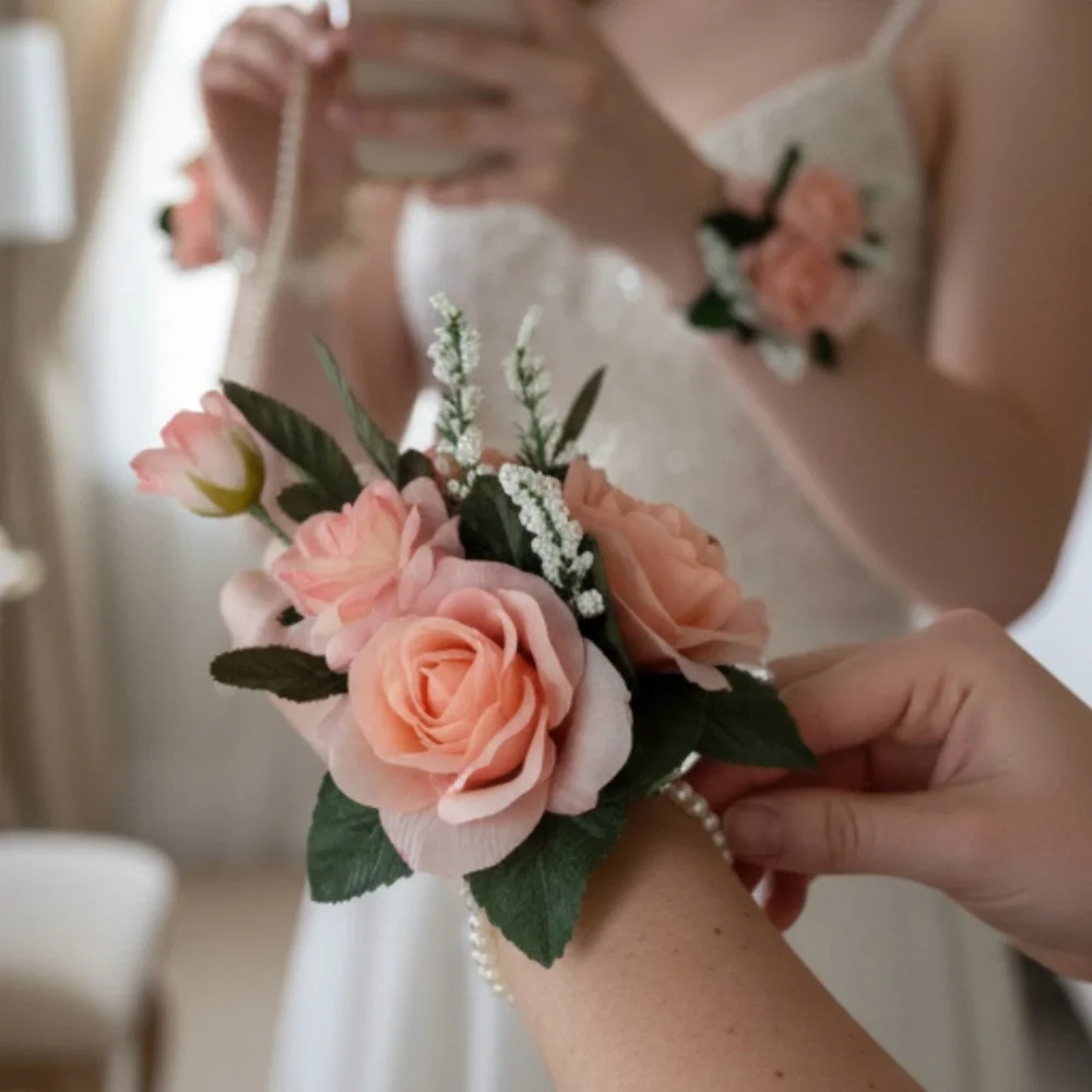 Elegant Peach artificial Floral wristband corsage or pin on corsage Arrangement